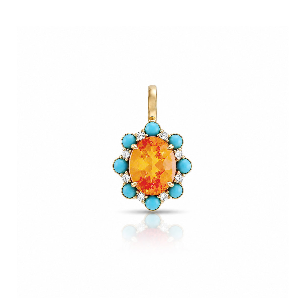 Fire Opal, Turquoise + Diamond Pendant