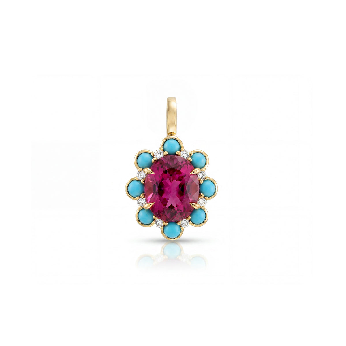 Rubellite, Turquoise + Diamond Pendant