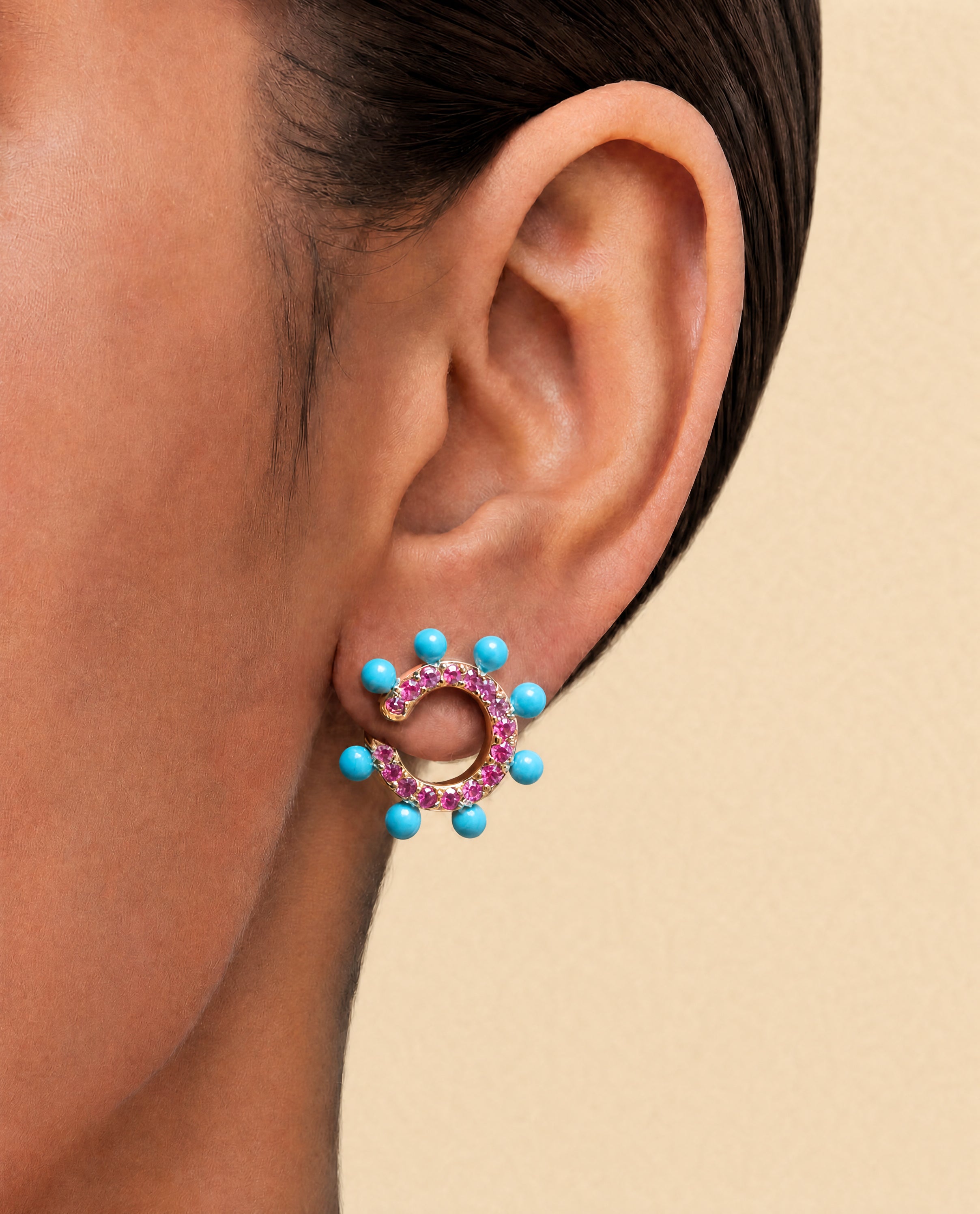 Tangent Curl Earring in Pink Sapphire & Turquoise
