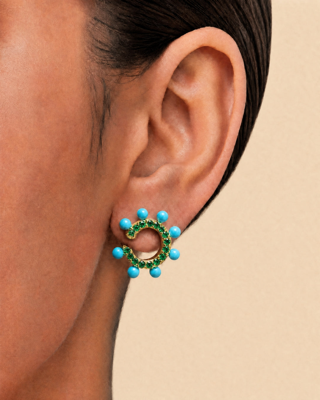 Tangent Curl Earring in Emeralds & Turquoise