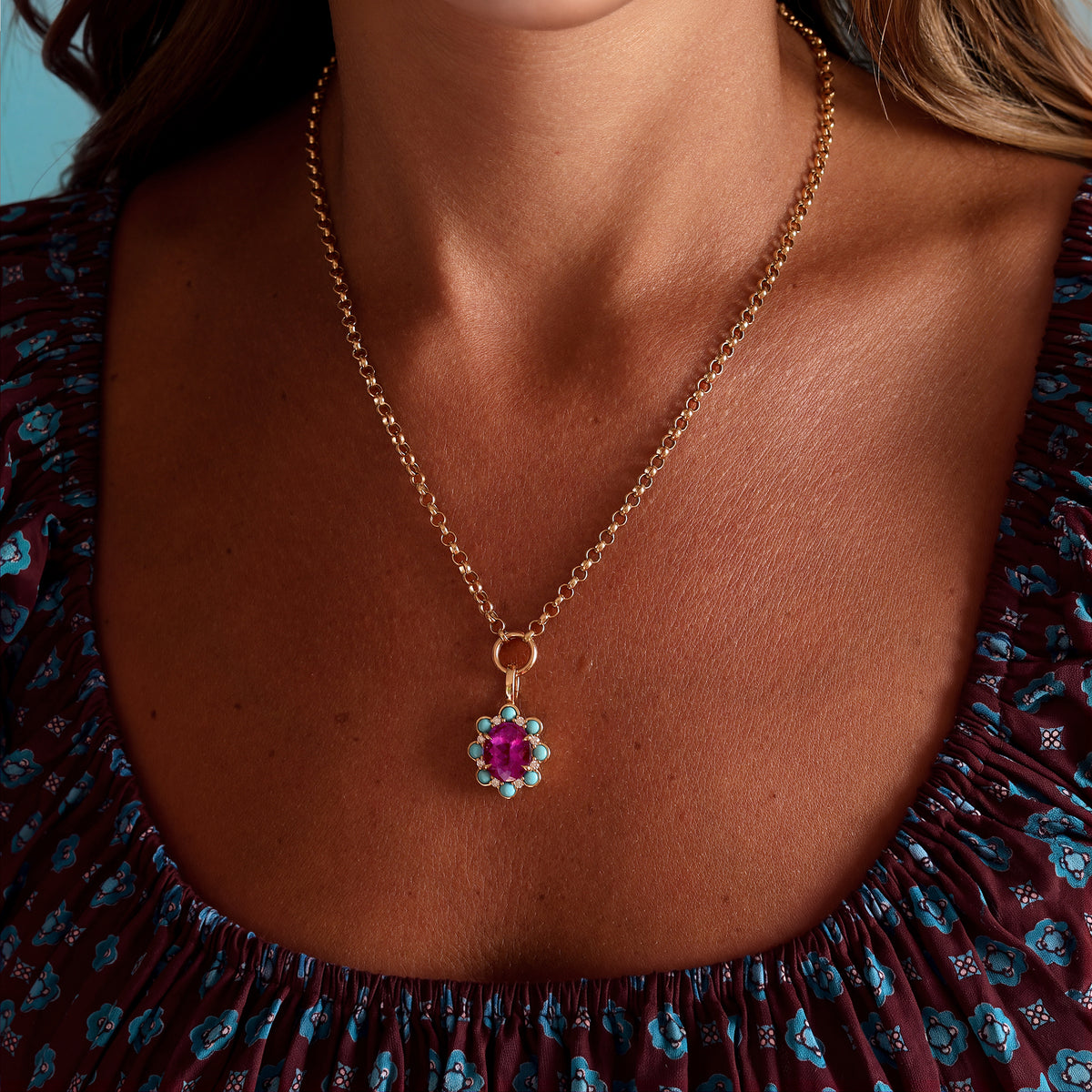 Rubellite, Turquoise + Diamond Pendant